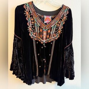 Johnny Was Black Velvet Blouse with Multicolor Embroidery